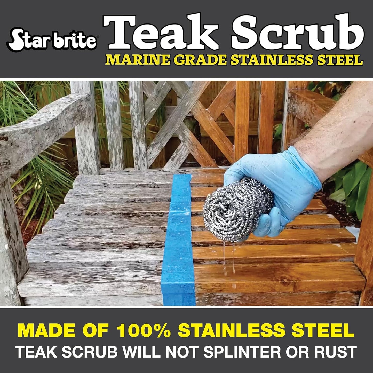 STAR BRITE Marine-Grade Stainless Steel Scrub Scouring Pad Scrubber - Refinish Wood Furniture & Boat Teak
