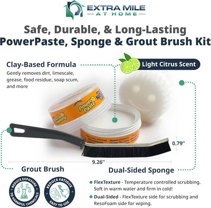 Power Paste Natural All Purpose Cleaner Bundle - Grout Cleaner for Tile Floors with Sponge & Crevice Brush - Deep Cleaning Tools for Shower Tile Grout, Bathroom, Kitchen Surfaces, Tight Spaces at Home