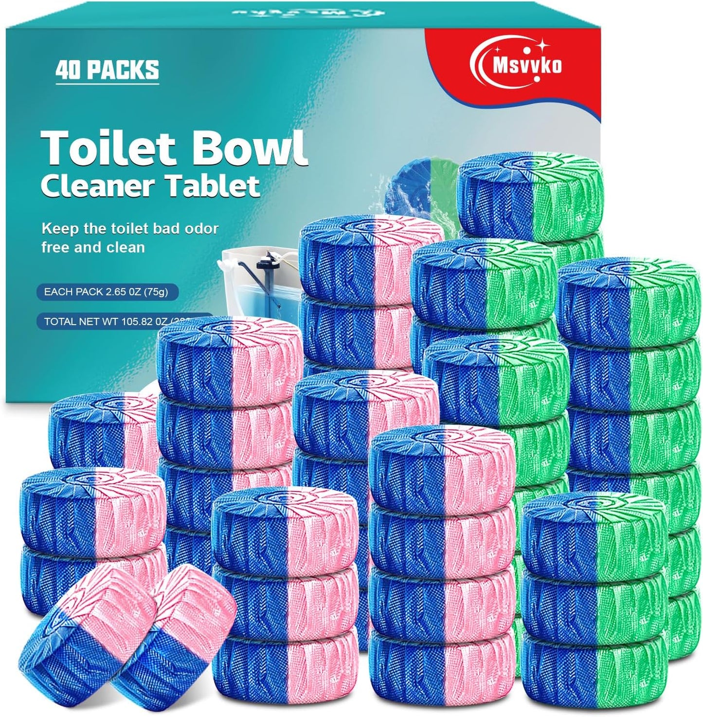 Msvvko Toilet Bowl Cleaner Tablets Blue Toilet Tank Cleaners, Septic-Safe Hard Water Stain Remove, Bathroom Automatic Toilet Cleaning & Deodorizer, Fresh Scent - 30 Tabs