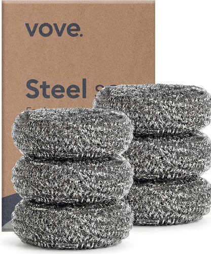 Vove Stainless Steel Scouring Pads 6-Pack – Rust-Free Heavy-Duty Metal Scrubbers for Cast Iron, Pots, Pans, Grills & Griddles, Microplastic-Free, FSC-Certified Packaging