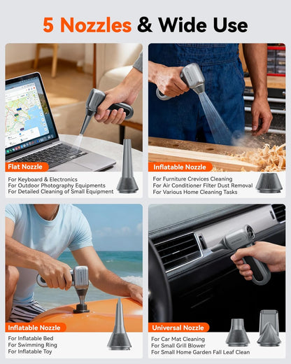 WOLFBOX MF60 Compressed Air Duster-110000RPM Super Power Electric Air Duster, 3-Speed Adjustable Rechargeable Cordless Air Blower with Fast Charging for PC Keyboard Cleaning, Car, Home, 5 Nozzle