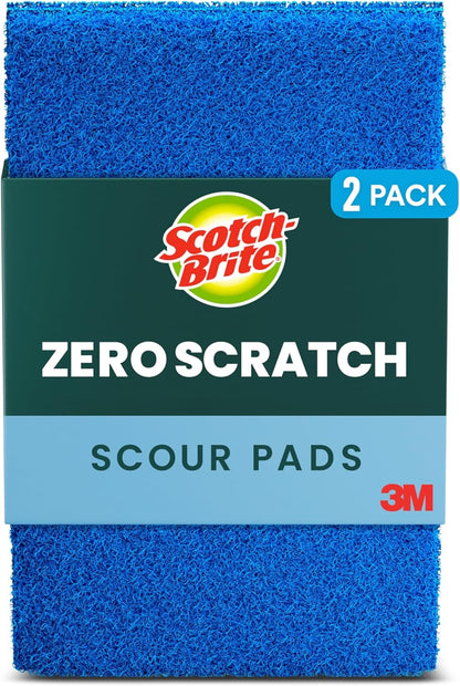 Scotch-Brite Zero Scratch Scouring Pad, Effective + Gentle Dish Scrubber for Household Cleaning, 2 Scrub Pads for Dishes, Nonstick Pots and Pans, Glass, Tubs, Showers, Reusable & Durable