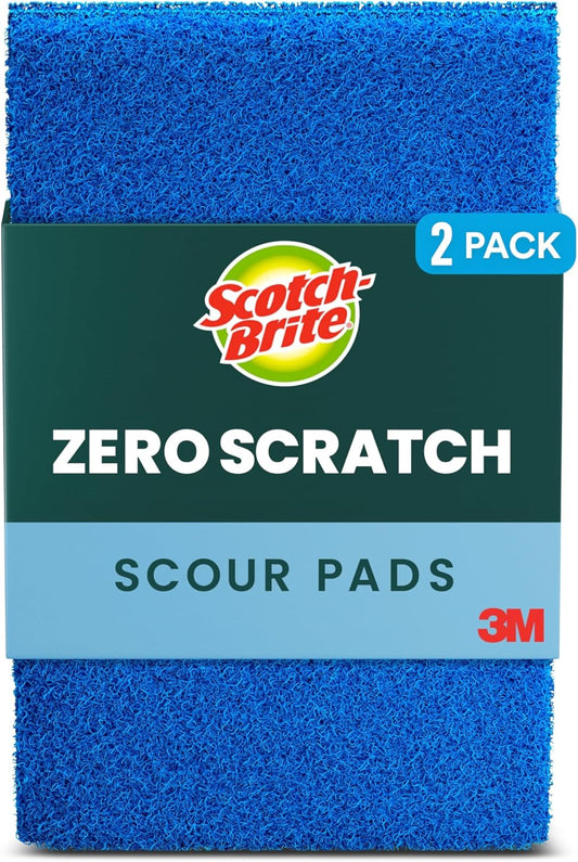 Scotch-Brite Zero Scratch Scouring Pad, Effective + Gentle Dish Scrubber for Household Cleaning, 2 Scrub Pads for Dishes, Nonstick Pots and Pans, Glass, Tubs, Showers, Reusable & Durable