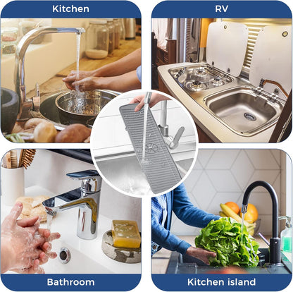 BFONS Silicone Faucet Handle Drip Catcher Drying Tray Mat Dish Soap Sponge Holder Accessories Gadgets for Kitchen Counter Bathroom Kitchen Sink Splash Guard -Grey
