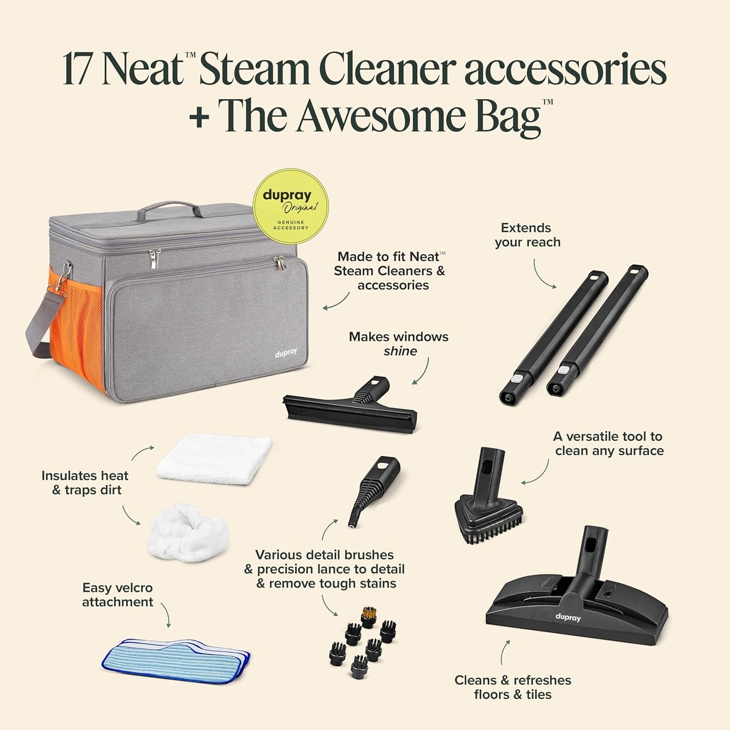 Dupray Neat Steam Cleaner with the Awesome Bag, Multipurpose Steamer for Floors, Grout & Upholstery, Chemical-Free Cleaning, Large Tank, 18-Piece Accessory Kit