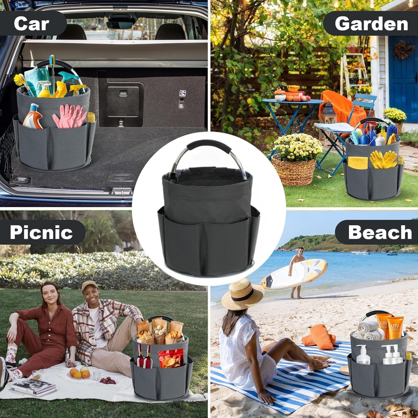 Cleaning Caddy with Handle, Cleaning Products Organiser, 17L Foldable Storage Basket, Cleaning Caddy Organiser, Portable Multi Cleaning Bucket Bag for Home, Garden (Black)