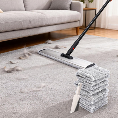 Flat Mop for Cleaning Floors Heavy Duty Microfiber Wet Mop Deep Cleaning for Hardwood, Tile & Laminate, Includes 4 Reusable Washable Pads and Adjustable Long Handle (32 in Mop Set)