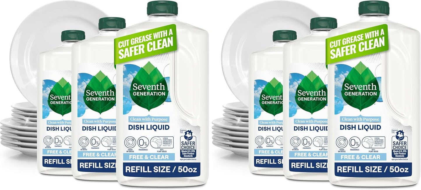 Seventh Generation Dish Soap Refill, Free & Clear, 50 fl oz, 3 Pack, Plant-Based Dishwashing Liquid for Grease & Tough Food Messes, For Sensitive Skin