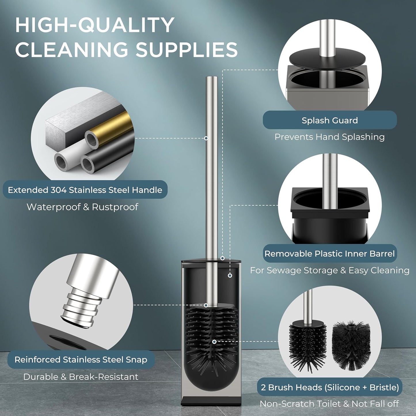 FORIOUS Toilet Brush and Holder Set, Heavy Duty 304 Stainless Steel Base Square and Long Handle for Bathroom Deep Cleaning, Drip-Proof, Space Saving for Storage, 2 Toilet Bowl Brush Head, Black