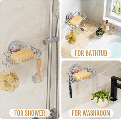 LEVERLOC Soap Holder Shower with Hooks, Bar Suction Cup Soap Dish Tray for Wall, Rust-Proof Stainless Steel Sponge Caddy for Bathroom Accessories Organizer Bathtub Kitchen Sink, Black