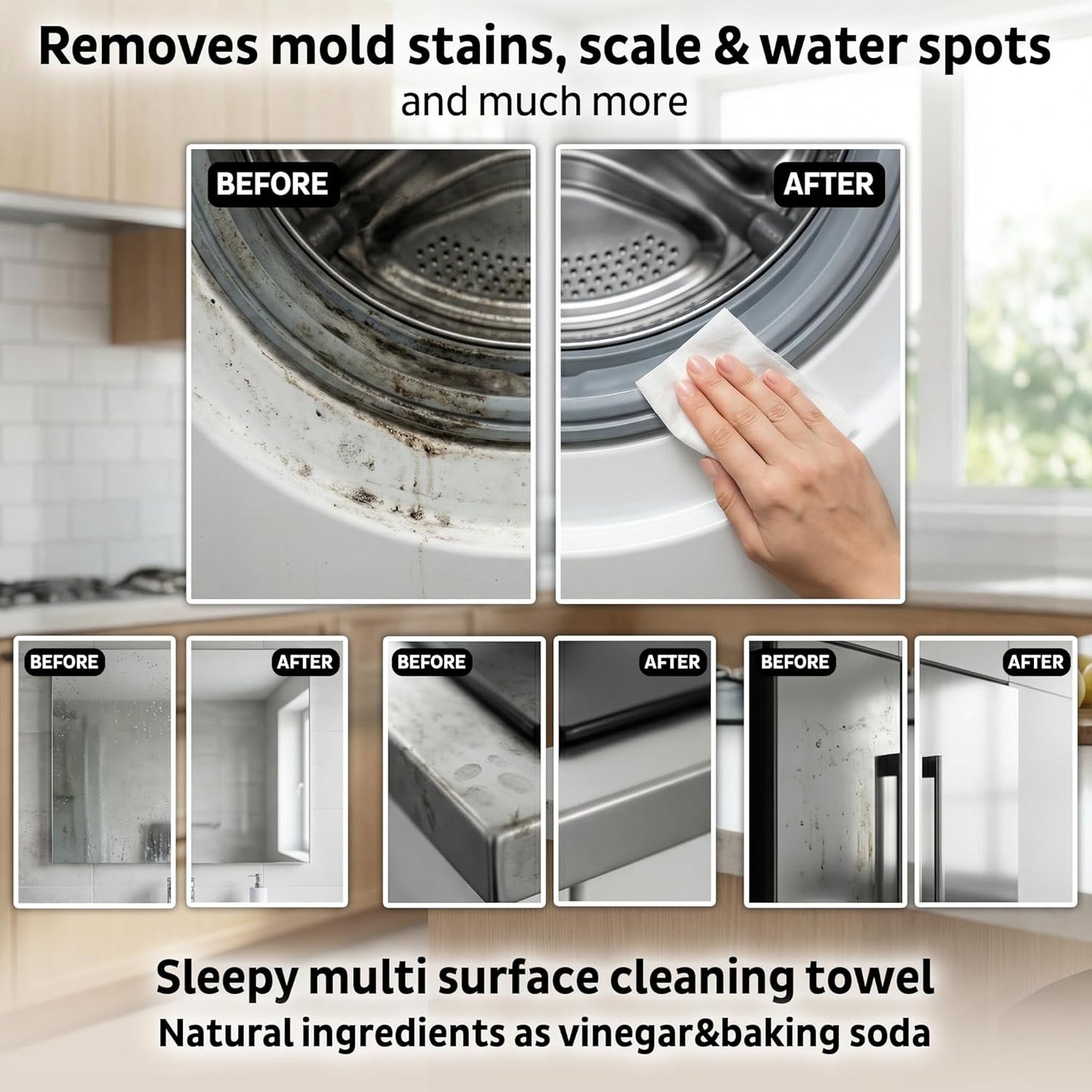 Sleepy Easy Clean XL Multi Surface Cleaning Wipes (100 Count) – Natural Vinegar & Baking Soda Formula – Jumbo 8"x8" All Purpose Wet Wipes for Kitchen, Bathroom, Glass & Electronics – No Streak
