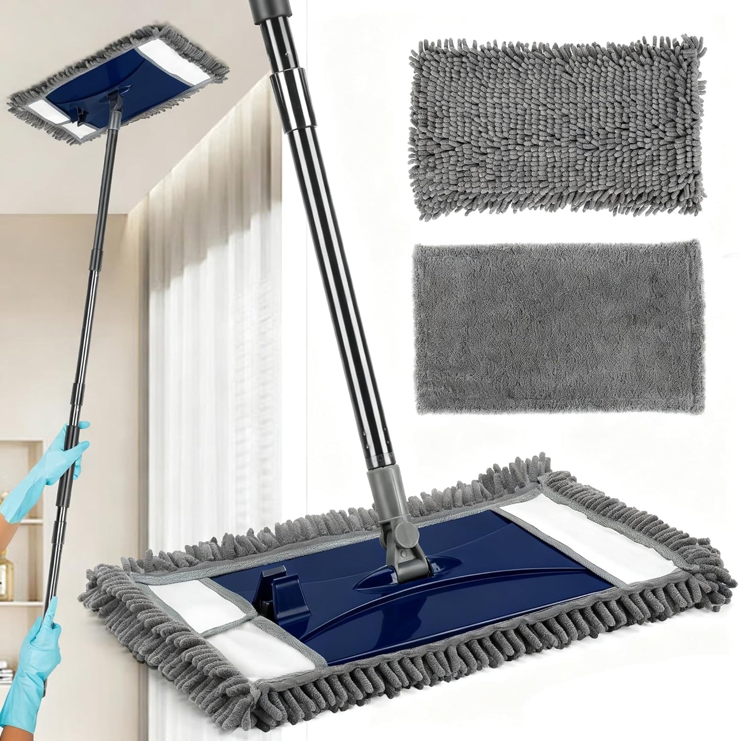 Wall Cleaner Mop with Long Handle, Wall Dust Cleaning Mop for Washing Walls with 2 Microfiber Reusable Pads,Floor Dry Wet Dust Mops for Wall Washer, Floor,Ceiling Cleaner