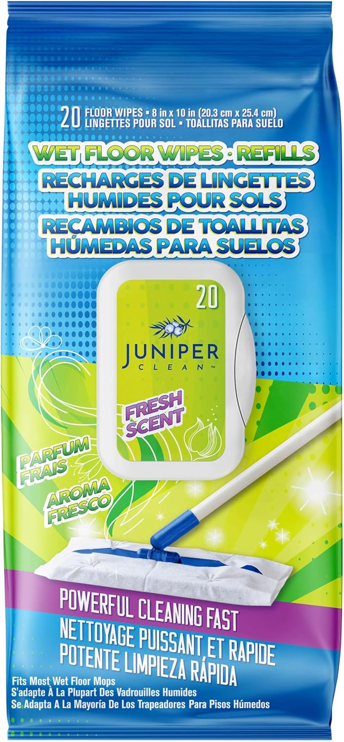 Juniper CLEAN Wet Floor Wipes, Multi Surface Floor Cleaner Wet Mop Pads Fit Swiffer Sweeper Mop, Fresh Scent & Plant-Based Textured Cloth Trap Absorb Dirt, 20 Count (Pack of 12)