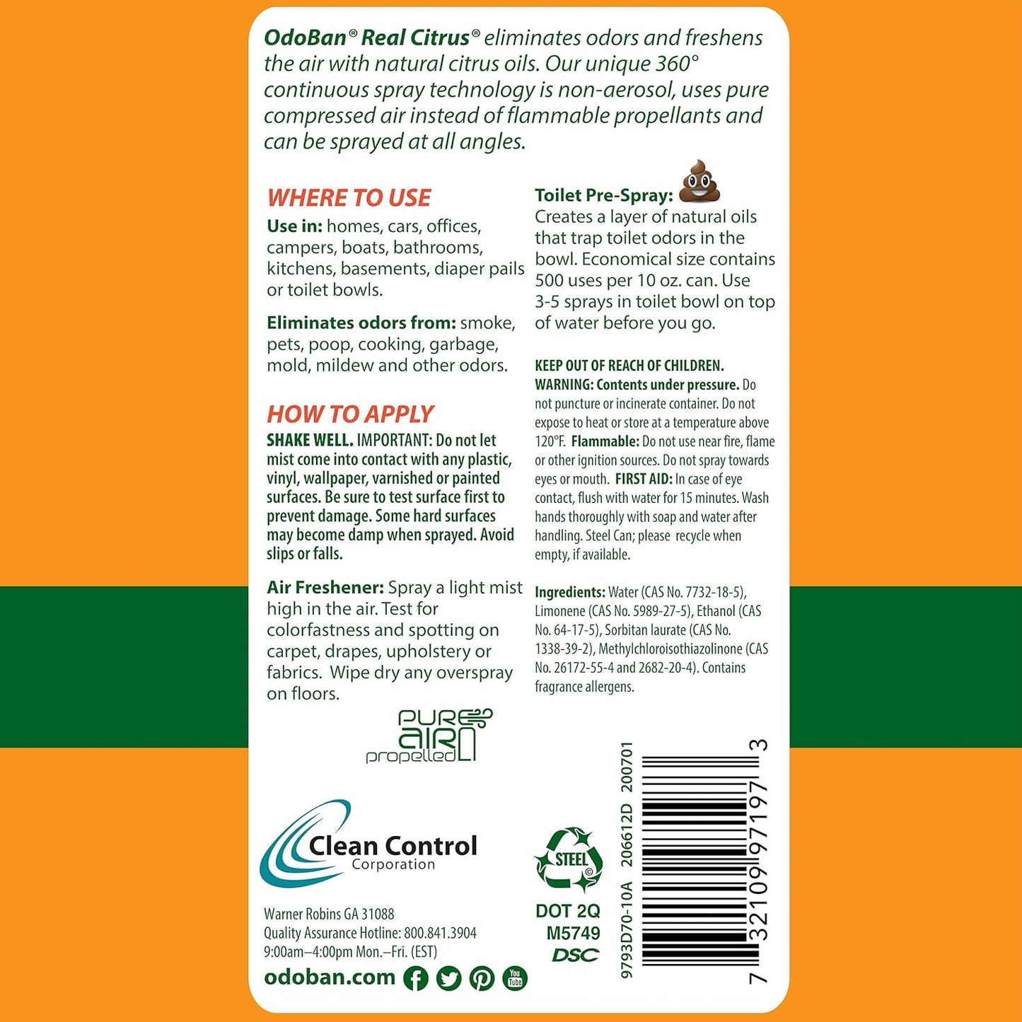 OdoBan 360-Degree Continuous Spray Natural Oil Real Citrus Orange Air Freshener, 10 Ounce, and Multipurpose Disinfectant Cleaner, 32 Ounce Spray, Made in the USA