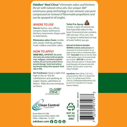 OdoBan Aroma Eliminator, 360-Degree Continuous Spray Natural Oil Real Citrus Air Freshener, Toilet Spray, 2-Pack, 10 Ounces Each, Orange Scent