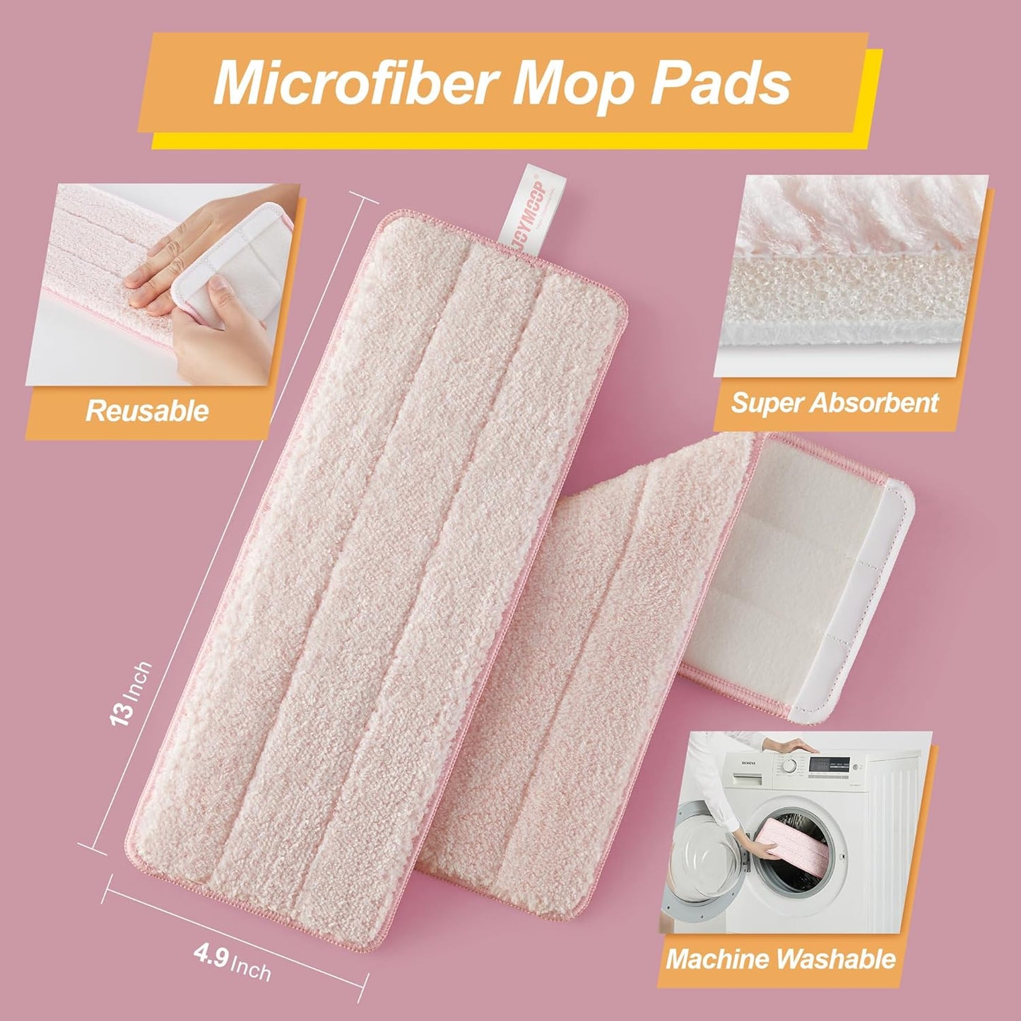 JOYMOOP 17.7-Inch Microfiber Flat Mop Replacement Pads – Washable Reusable Grey & Stripe, Pack of 4 Heavy-Duty Wet & Dry Refill for JOYMOOP Flat Mop & Bucket System