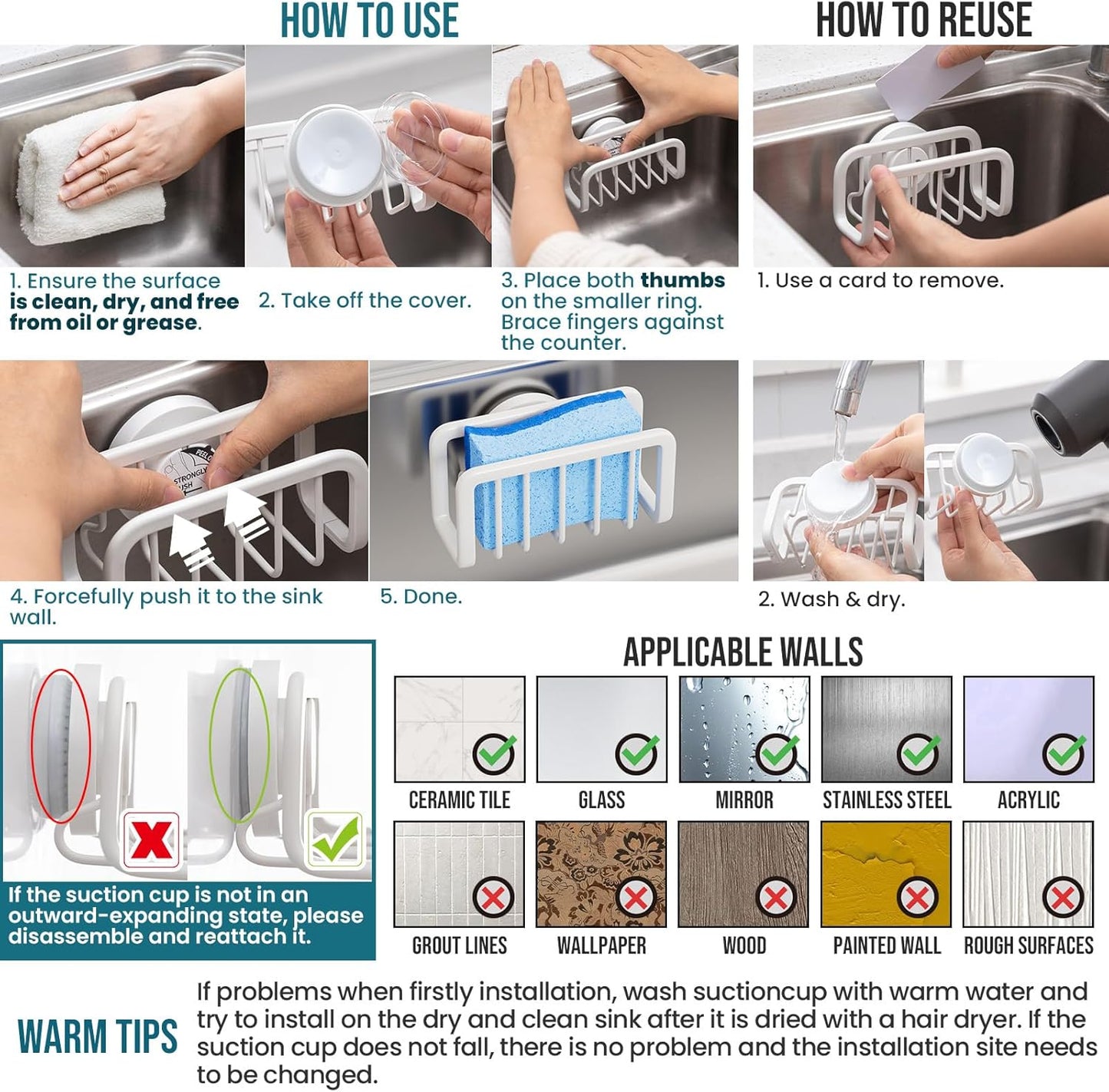 TAILI 4-in-1 Sink Caddy with Strong Suction Cup, Sponge Holder for Kitchen Sink Organizer, Removable, Rustproof, Stainless Steel Holder for Sponge, Brush, Scrubber, Scraper - Silver