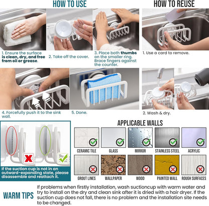 TAILI 4-in-1 Sink Caddy with Strong Suction Cup, Sponge Holder for Kitchen Sink Organizer, Removable, Rustproof, Stainless Steel Holder for Sponge, Brush, Scrubber, Scraper - Silver