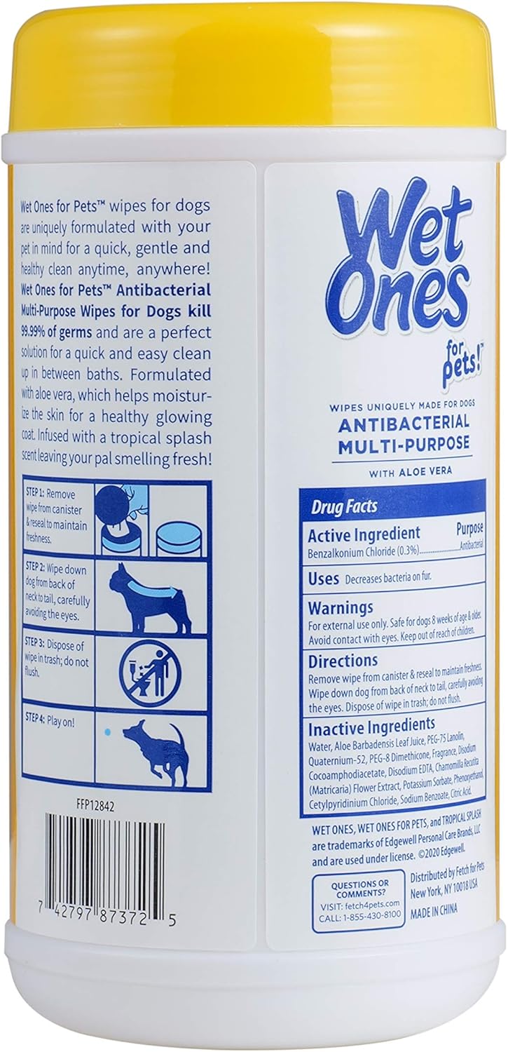Wet Ones for Pets Antibacterial Dog Wipes, Multi-Purpose Grooming Wipes with Aloe Vera for Paws, Face & Body, Easy Cleanups Between Baths, Tropical Splash Scent, 5.7 in x 7.5 in, 50 Count