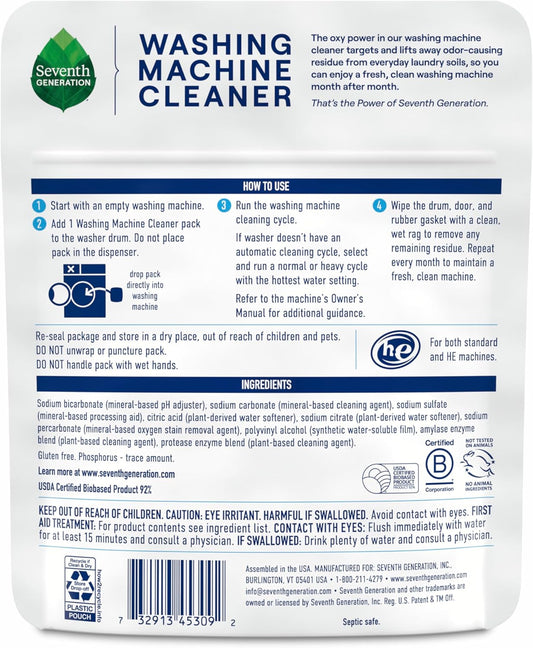 Seventh Generation Washing Machine Cleaner 6 Count Free & Clear Targets Odor-Causing Residue Powered by Oxy Power 4.2 oz