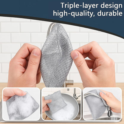 Upgraded 3-Layer Metal Dish Scrubber-6Pcs, No Scratches, Odor-Free, Multi-Purpose Stainless Steel Scouring Pad for Kitchen Cleaning – Dry & Wet Use, for Dishes, Cookware, Sinks, Stove Tops (6PCS)