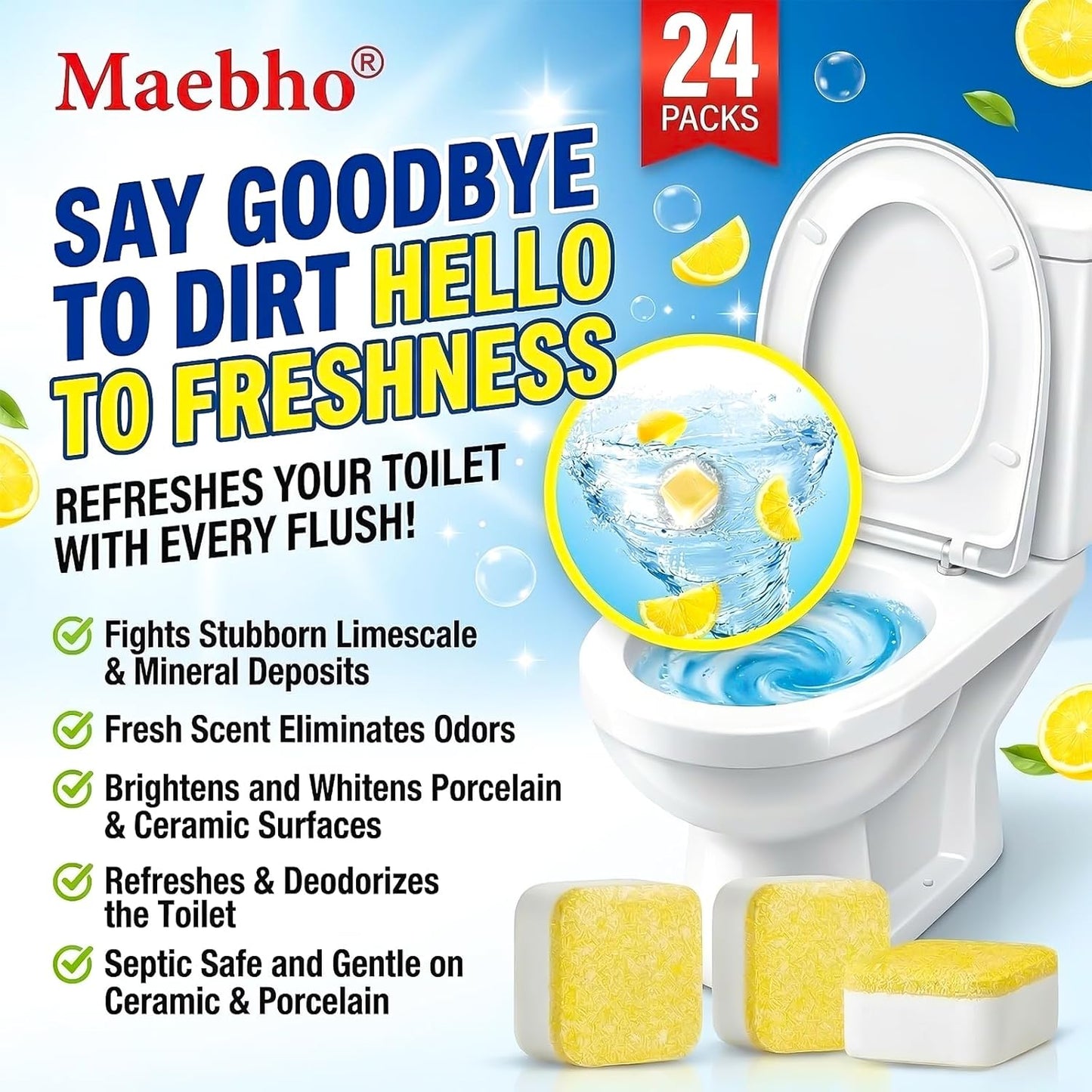 Toilet Bowl Cleaner Tablets – Deodorizer & Septic Safe, Odor Eliminator, Stain Remover for Long-Lasting Freshness – Fresh Lemon Scent 24 Pack