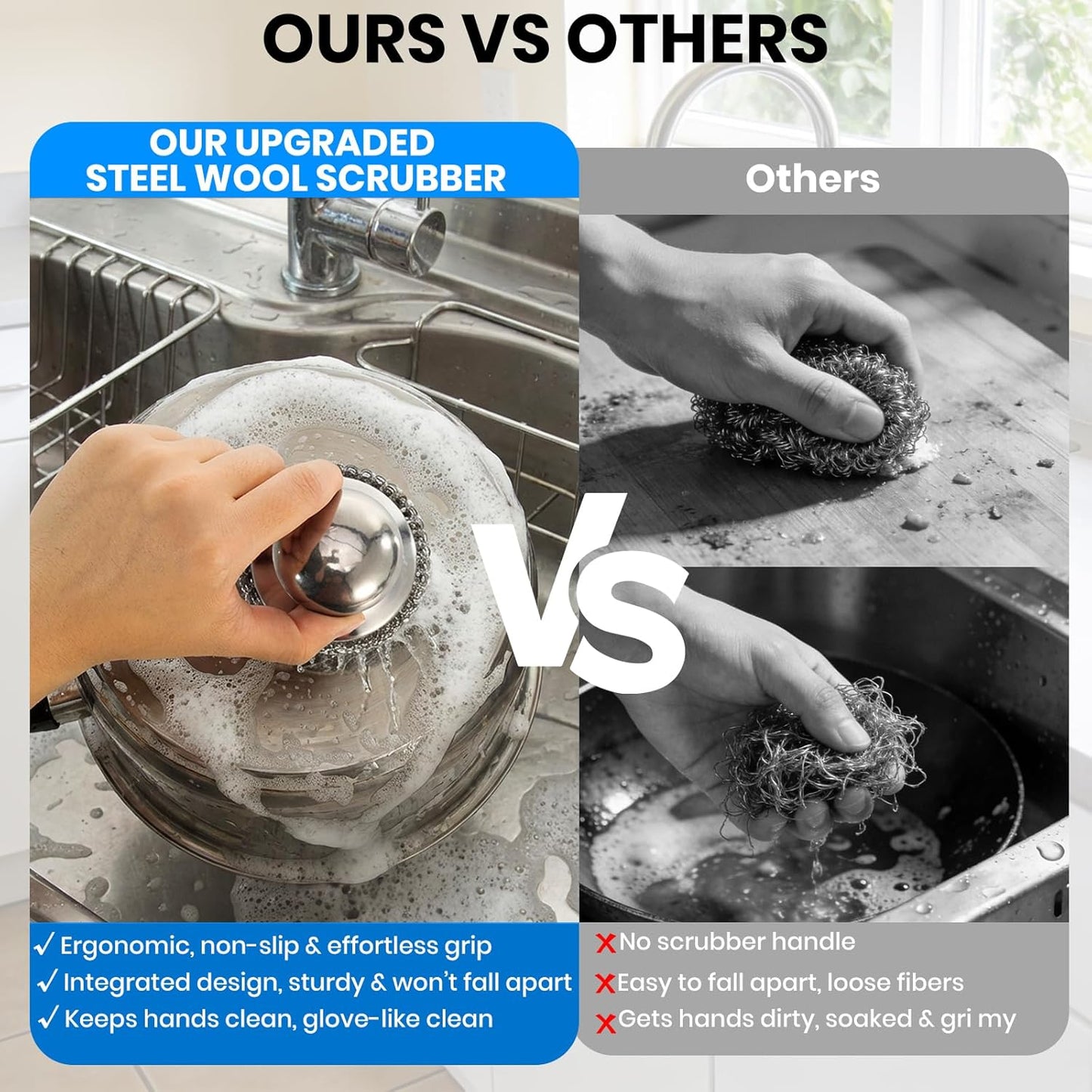 Steel Wool Scrubber with Handle, Stainless Steel, 5 Pack, for Cast Iron, Pots, Pans, Grill, Stoves, Sink (Sliver, M)