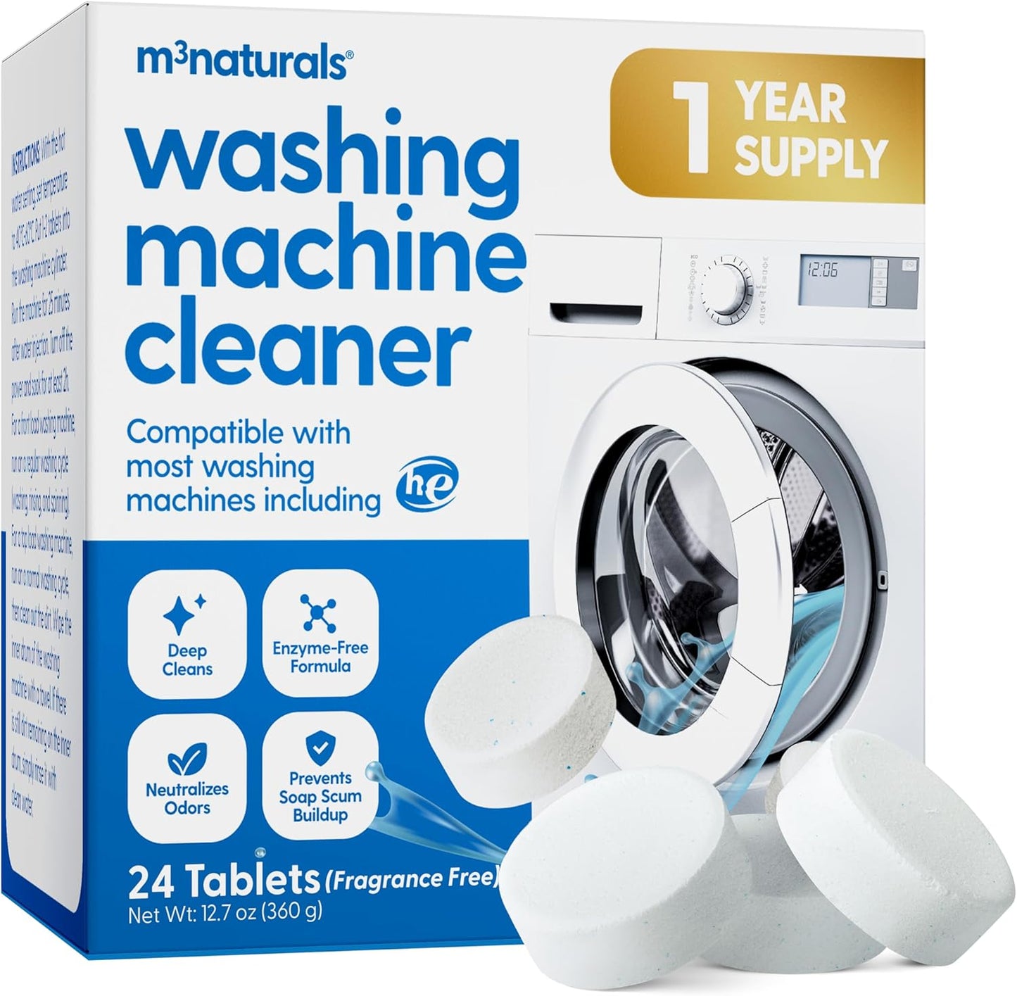 Dishwasher Cleaner & Deodorizer Tablets, Fights Grime, Grease, Limescale, Residue & Odor, Heavy Duty Cleaning Descaler Pods, Septic Safe, 24 Fresh Apple Scented Tablets, 1-Year Supply, by M3