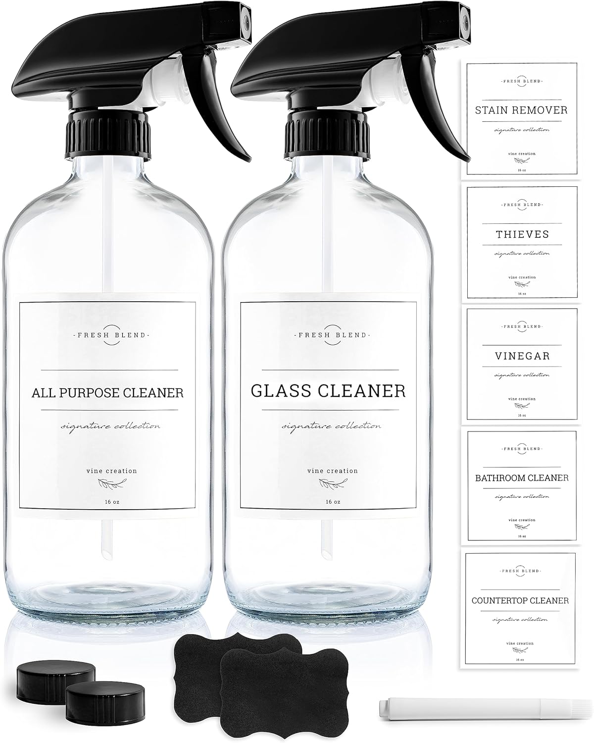 Vine Creations Amber Glass Spray Bottles, 2 Pack Glass Refillable Bottles for Cleaning solutions, 16 oz Spray Bottle for Cleaning, Mister Spray Bottle, Amber Spray Bottles with Waterproof Labels
