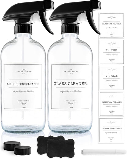 Vine Creations Amber Glass Spray Bottles, 2 Pack Glass Refillable Bottles for Cleaning solutions, 16 oz Spray Bottle for Cleaning, Mister Spray Bottle, Amber Spray Bottles with Waterproof Labels