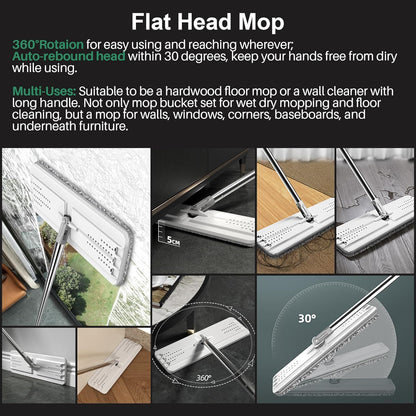 JOYMOOP Mop and Bucket Set, Flat Mops for Floor & Wall Cleaning, Commercial & Household Use, Hardwood Floor Mop with Long Handle & 4 Microfiber Pads