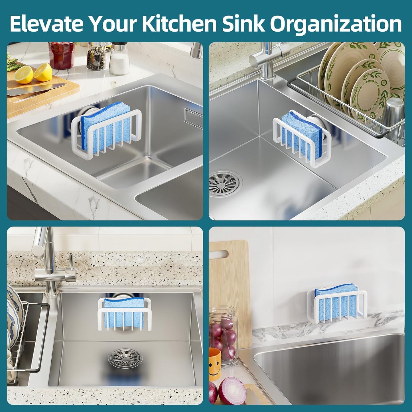 TAILI 4-in-1 Sink Caddy with Strong Suction Cup, Sponge Holder for Kitchen Sink Organizer, Removable, Rustproof, Stainless Steel Holder for Sponge, Brush, Scrubber, Scraper - Silver