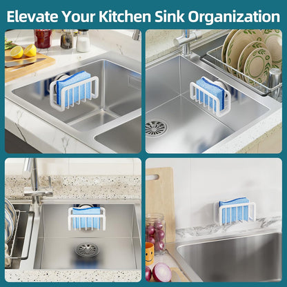 TAILI 4-in-1 Sink Caddy with Strong Suction Cup, Sponge Holder for Kitchen Sink Organizer, Removable, Rustproof, Stainless Steel Holder for Sponge, Brush, Scrubber, Scraper - Silver