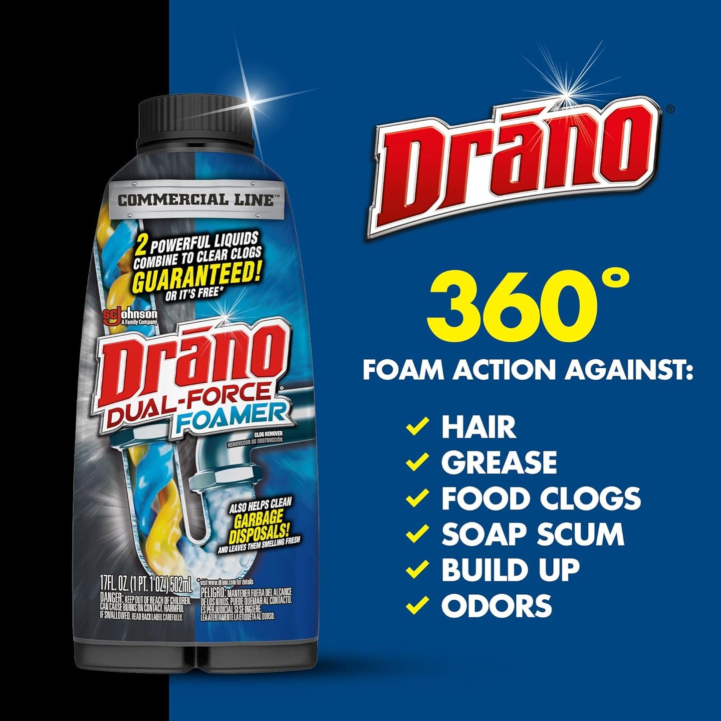 Drano Early Action Foamer Drain Clog Remover and Cleaner for Shower or Sink Drains, Unclogs and Removes Sources of Odor, 17 Fl Oz