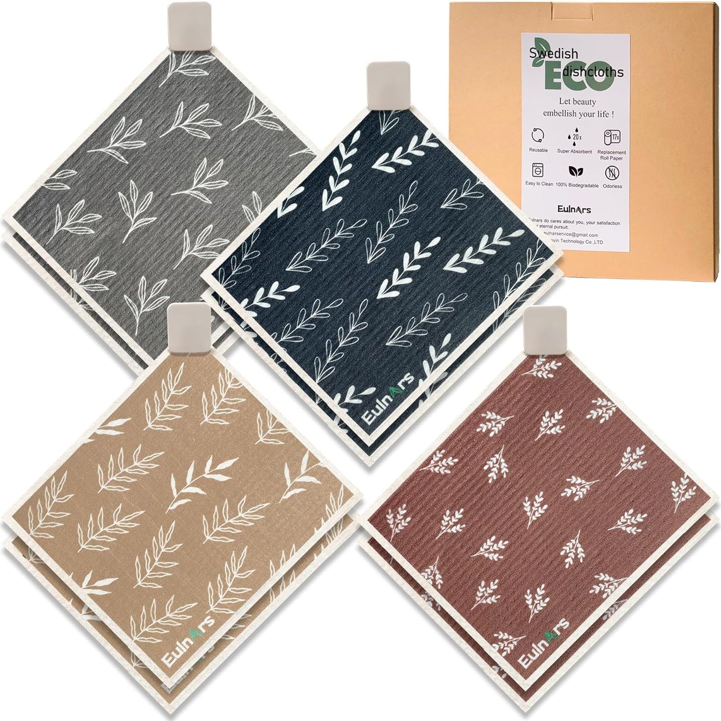 Eulnars Swedish Dishcloths for Kitchen, 8 Pack Reusable Paper Towels with Clips, Non-Scratch Swedish Kitchen Towels, Super Absorbent Cellulose Sponge Cloths, Dishwasher Safe, No Odor