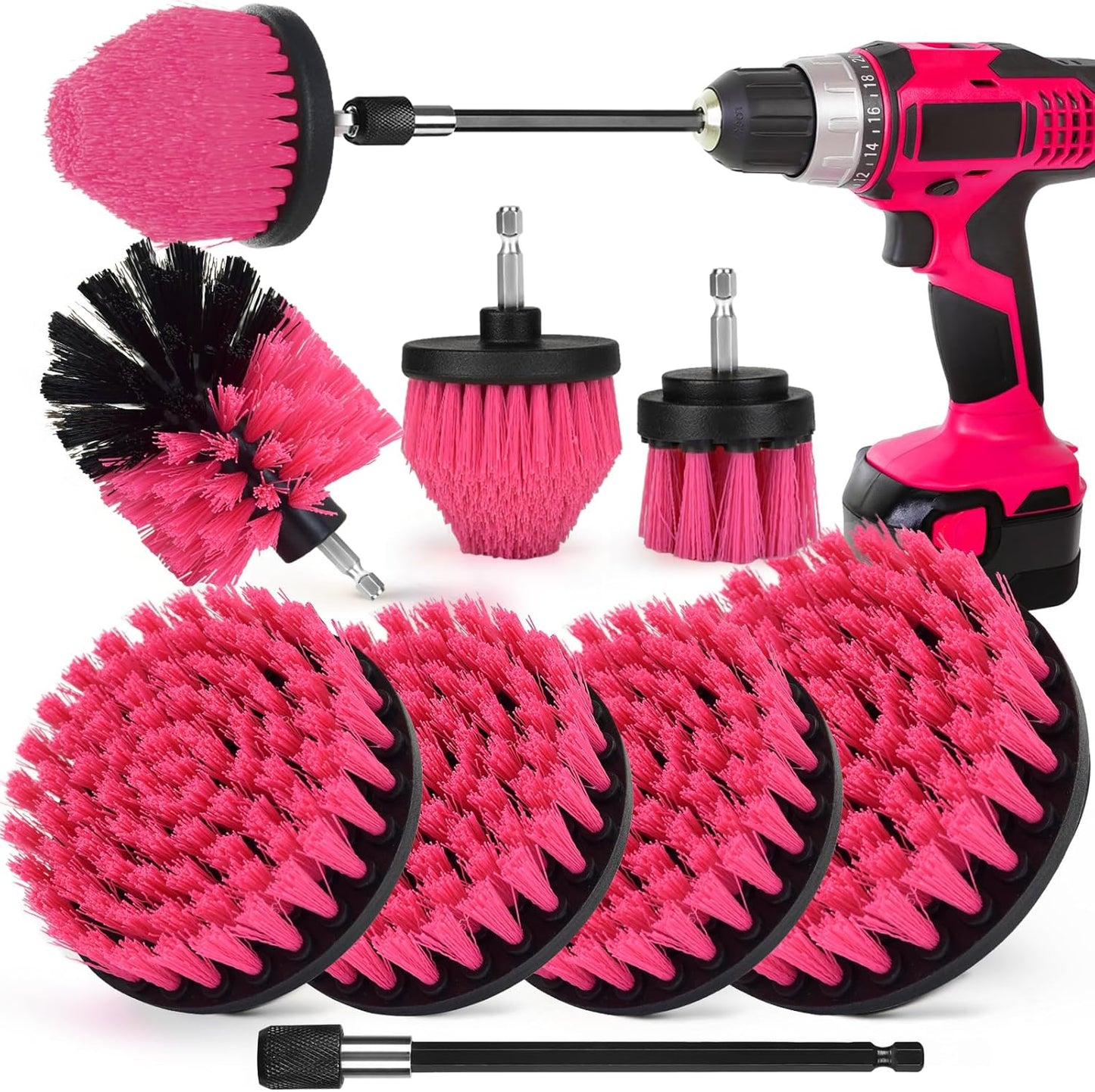 8 Pack Drill Brush Attachment Set,1/4in Power Scrubber Brush + Extend Long Rod, Power Cleaning Scrub Brush for Bathroom, Tub, Tile, Floor, Grout, Boat(White)