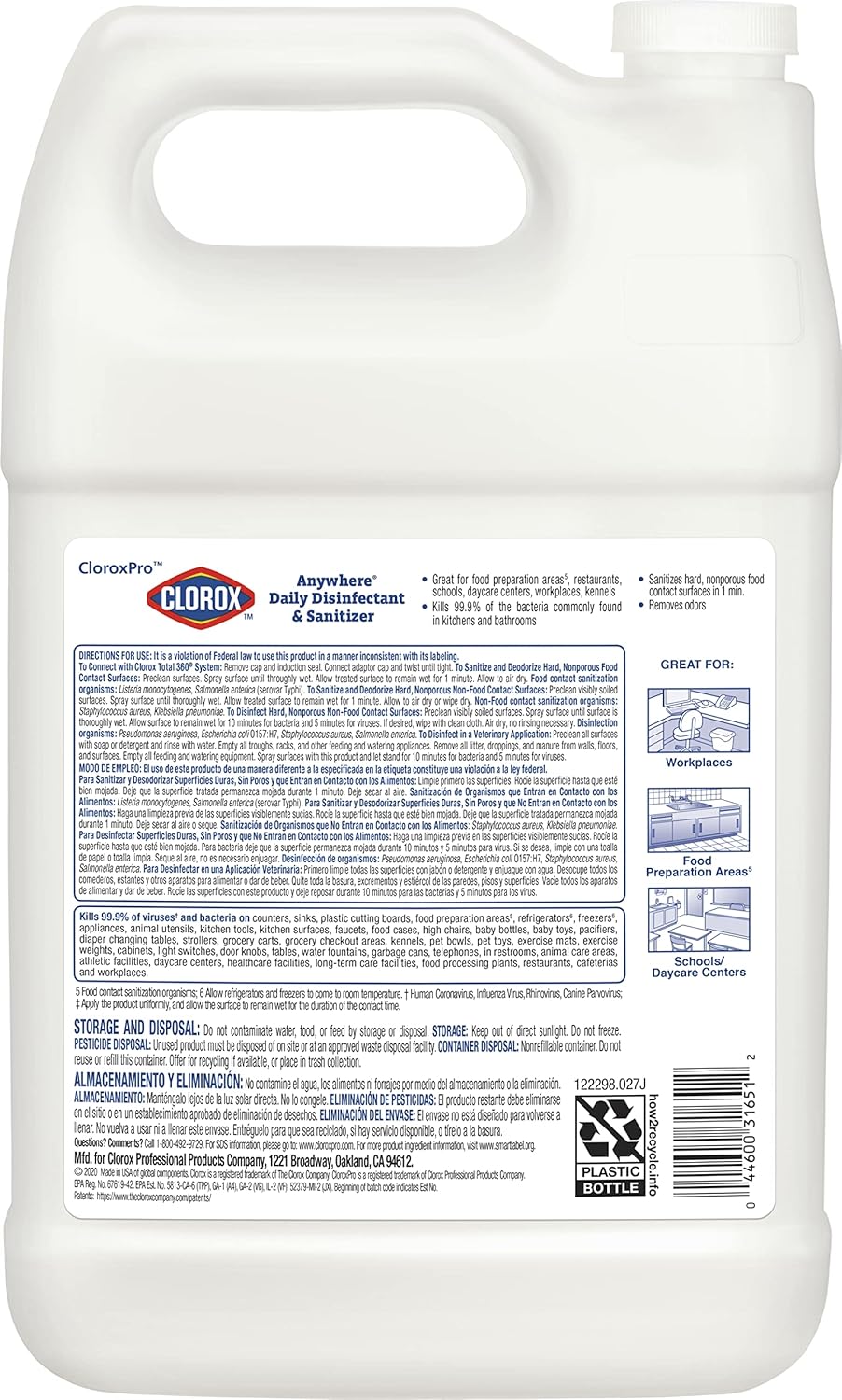 CloroxPro Anywhere Daily Disinfectant and Sanitizer, No-Rinse Food Contact Sanitizer, Refill, 128 Fluid Ounces