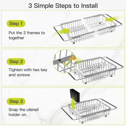 JASIWAY Dish Drying Rack in Sink, Expandable Stainless Steel Dish Drainers for Kitchen Counter, Dish Dryer Rack for Inside Sink, Over The Sink Dish Racks with Utensil Holder, Silver