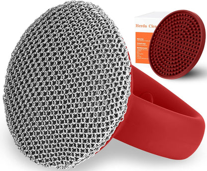 Cast Iron Cleaner Scrubber with Heavy Duty Handle, 3mm Welded Chain Mail Scrubber for Pan Pot Cleaning - Small Ring Chainmail Scrubber Metal Scrub Sponge Skillet, Oven, Griddle, Wok Brush