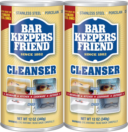 Bar Keepers Friend Powder Cleanser, 12 oz x 2, Multipurpose Cleaner, Degreaser & Remover for Burnt Stainless Steel Pots and Pans, Rust Stains, Hard Water Deposits & Soap Scum