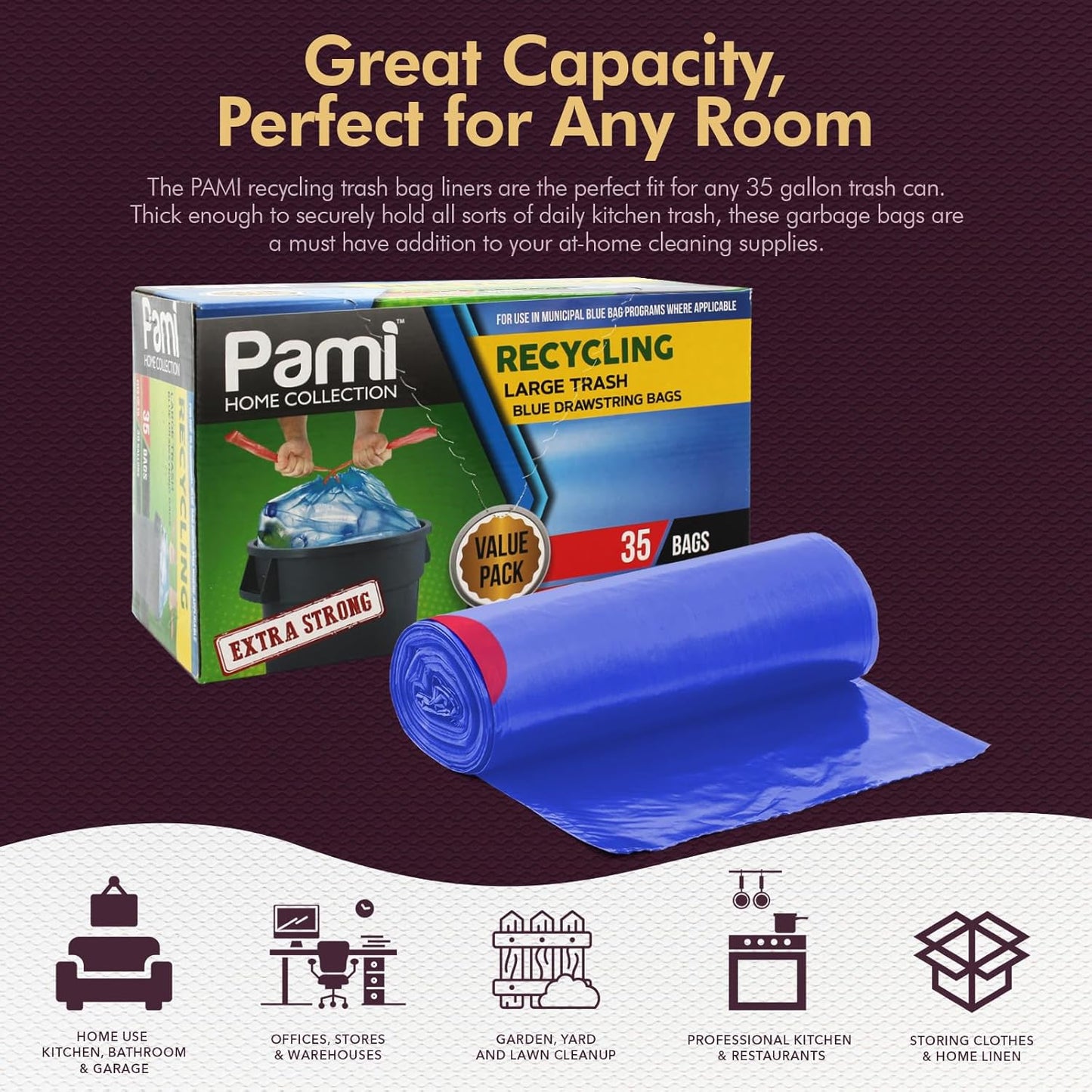 PAMI Recycling Tall Kitchen Drawstring Trash Bags- Extra-Strong Plastic Garbage Bags- Thick Trash Can Liners For Kitchen & Outdoor Bins- 2ft x2ft Unscented Trash Bags (13 Gallon – 60 Count – Clear)