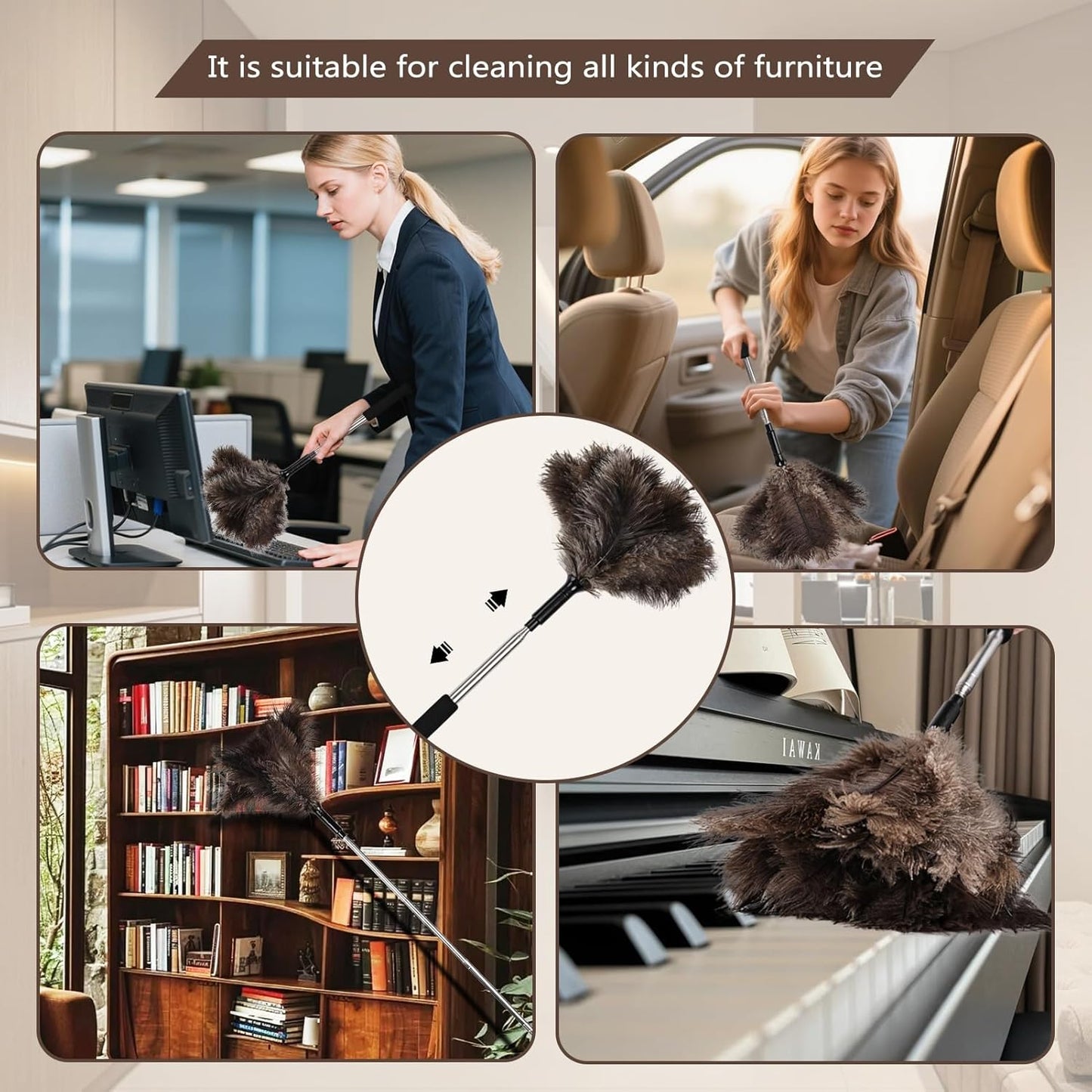 Natural Ostrich Feather Duster 14.9 inch Fluffy Mini Dusters with Plastic Handheld for Cleaning Car Keyboard Office 1 Pcs