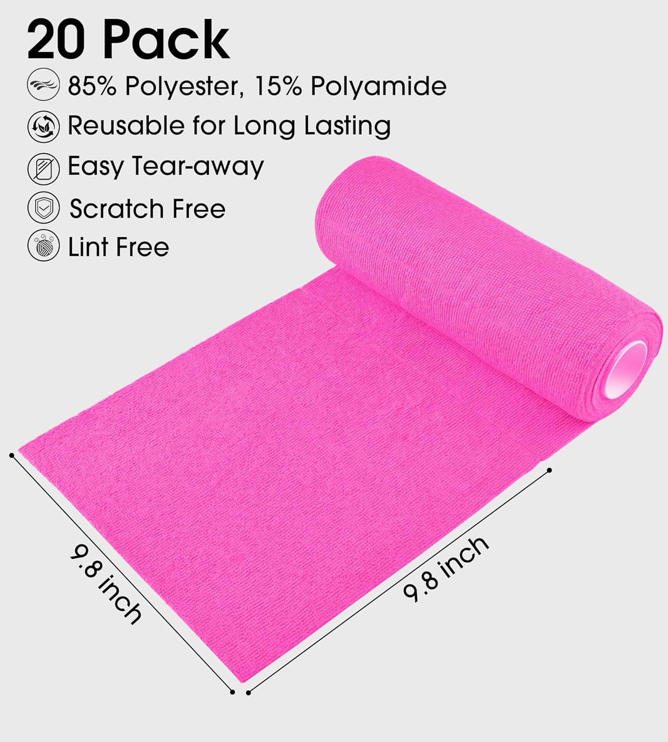 KitchLife Microfiber Cleaning Cloth Roll - Tear-Away Reusable Microfiber Paper Towels, Lint-Free, Washable, 20 Sheets for Kitchen, Car, Dishes, and Sensitive Surfaces (Pink)