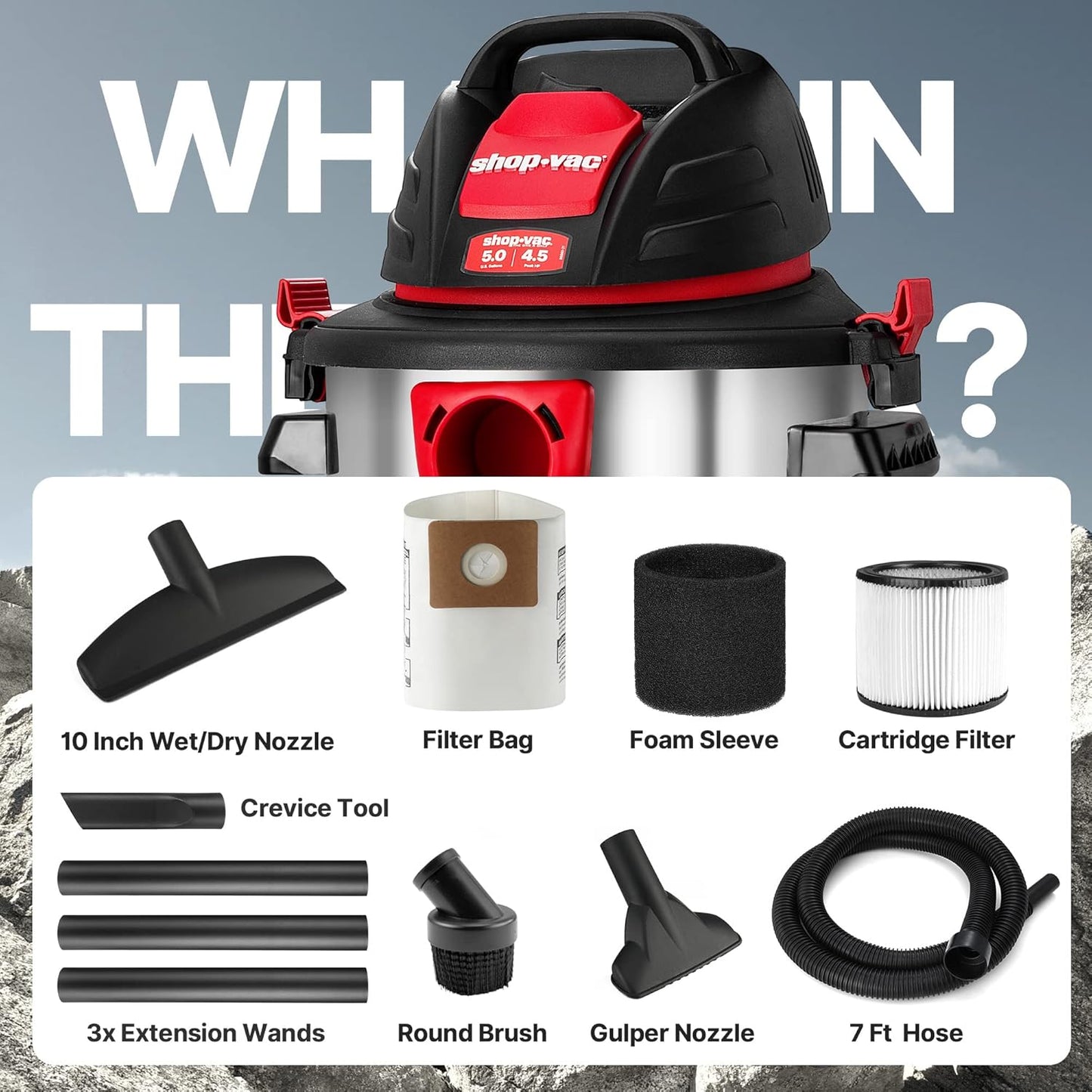 Shop-Vac 12 Gallon 6.0 Peak HP Wet/Dry Vacuum, Stainless Steel Tank, 3 in 1 Function Portable Shop Vacuum with Attachments, Drain Port, Ideal for Jobsite, Garage & Workshop. 5926211