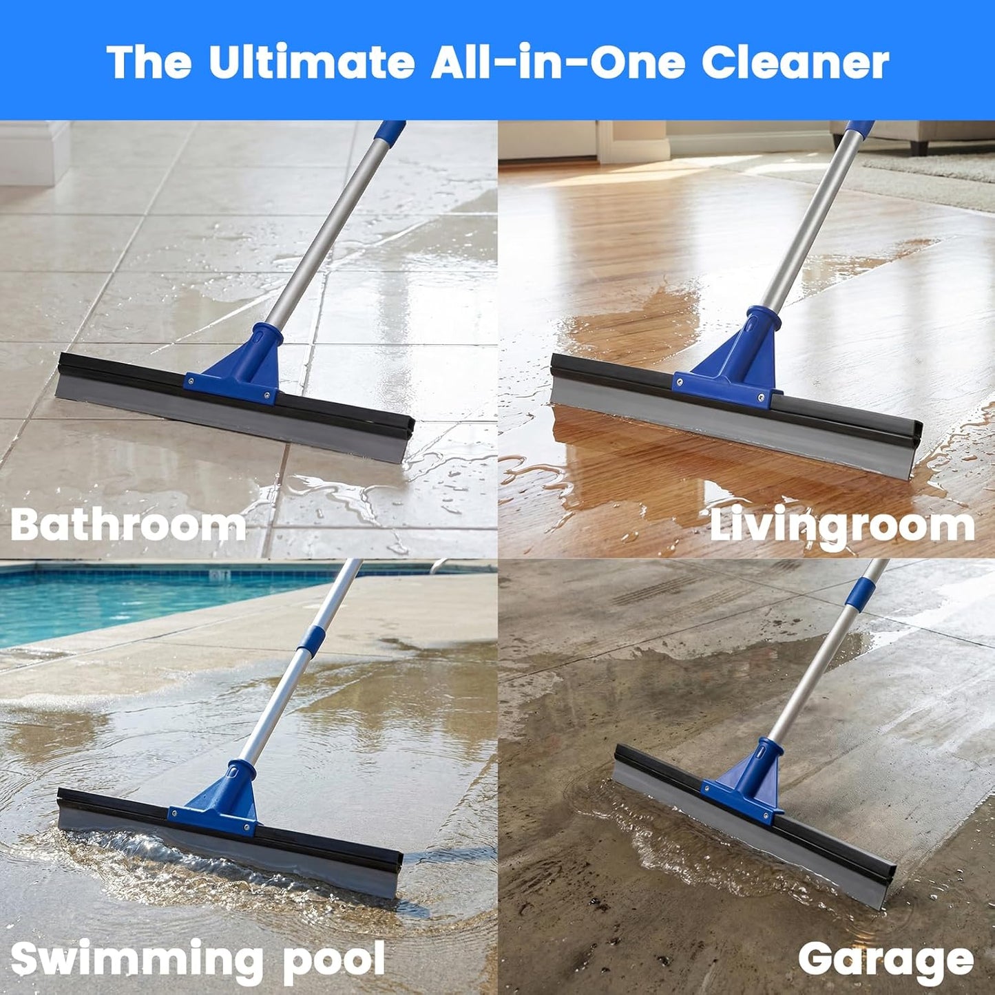 Floor Squeegee for Concrete Floor, 18'' Rubber Wiper Squeegee Broom with 60" Long Handle, Commercial Scrubber Mop for Bathroom Kitchen Pool Glass