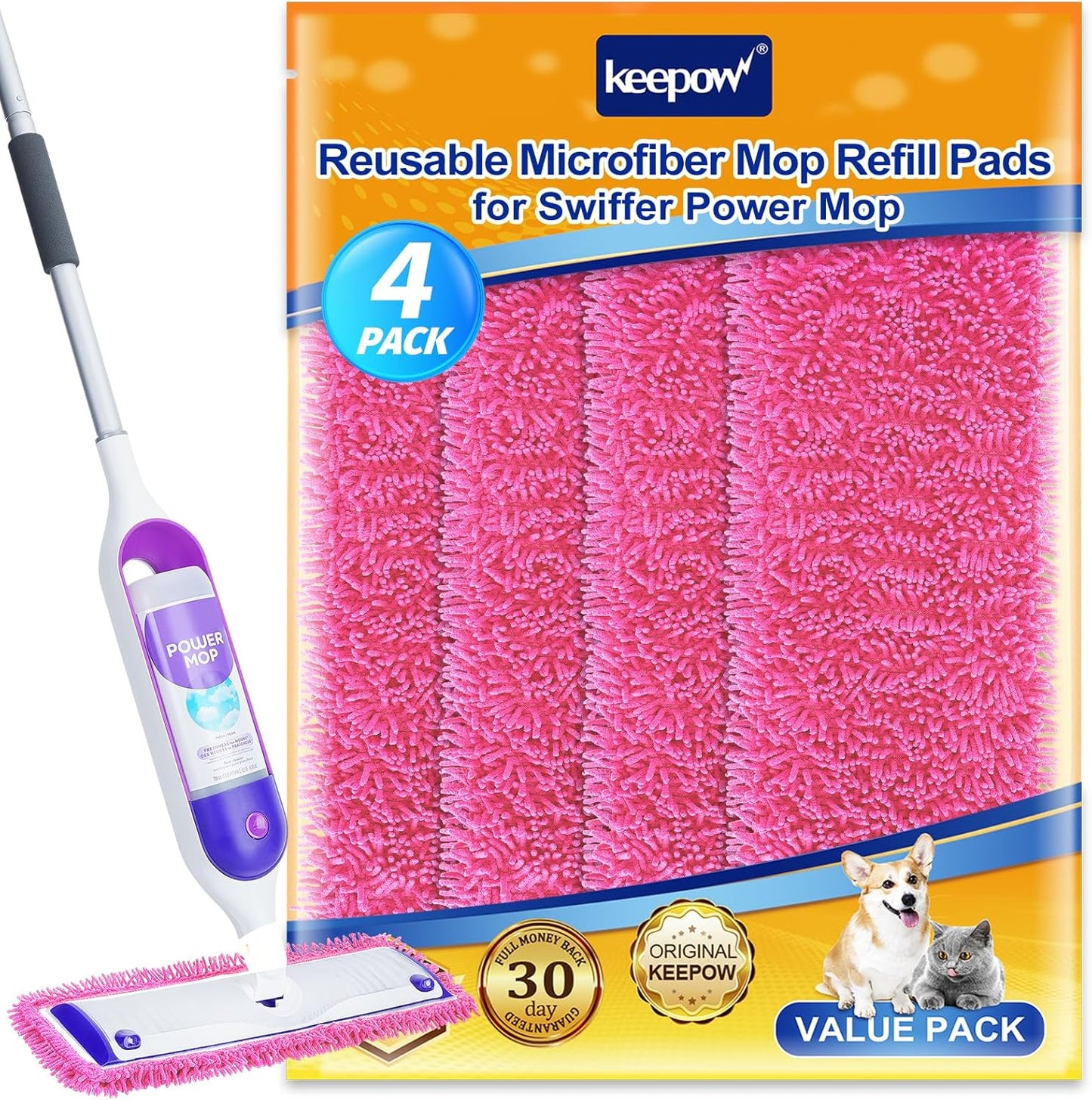 KEEPOW Reusable Microfiber Mop Pads Compatible with Swiffer PowerMop 4 Pack, Power Mop Pads Refills for 13 ''-15 '' Spray Mop, Machine Washable Pad Replacement for Multi-Surface Floor Cleaning
