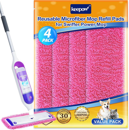KEEPOW Reusable Microfiber Mop Pads Compatible with Swiffer PowerMop 4 Pack, Power Mop Pads Refills for 13 ''-15 '' Spray Mop, Machine Washable Pad Replacement for Multi-Surface Floor Cleaning