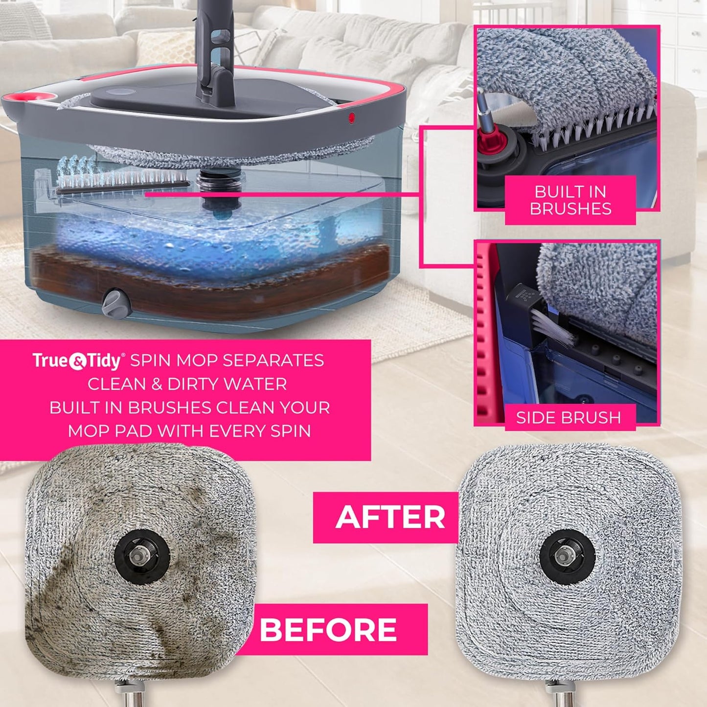 True & Tidy® True Clean Mop and Bucket System, Includes Square Spin, Dual Compartment Mop Bucket and 2 Thick Machine Washable Pads New Upgraded with Side Brush & Self Standing Handle, Rose