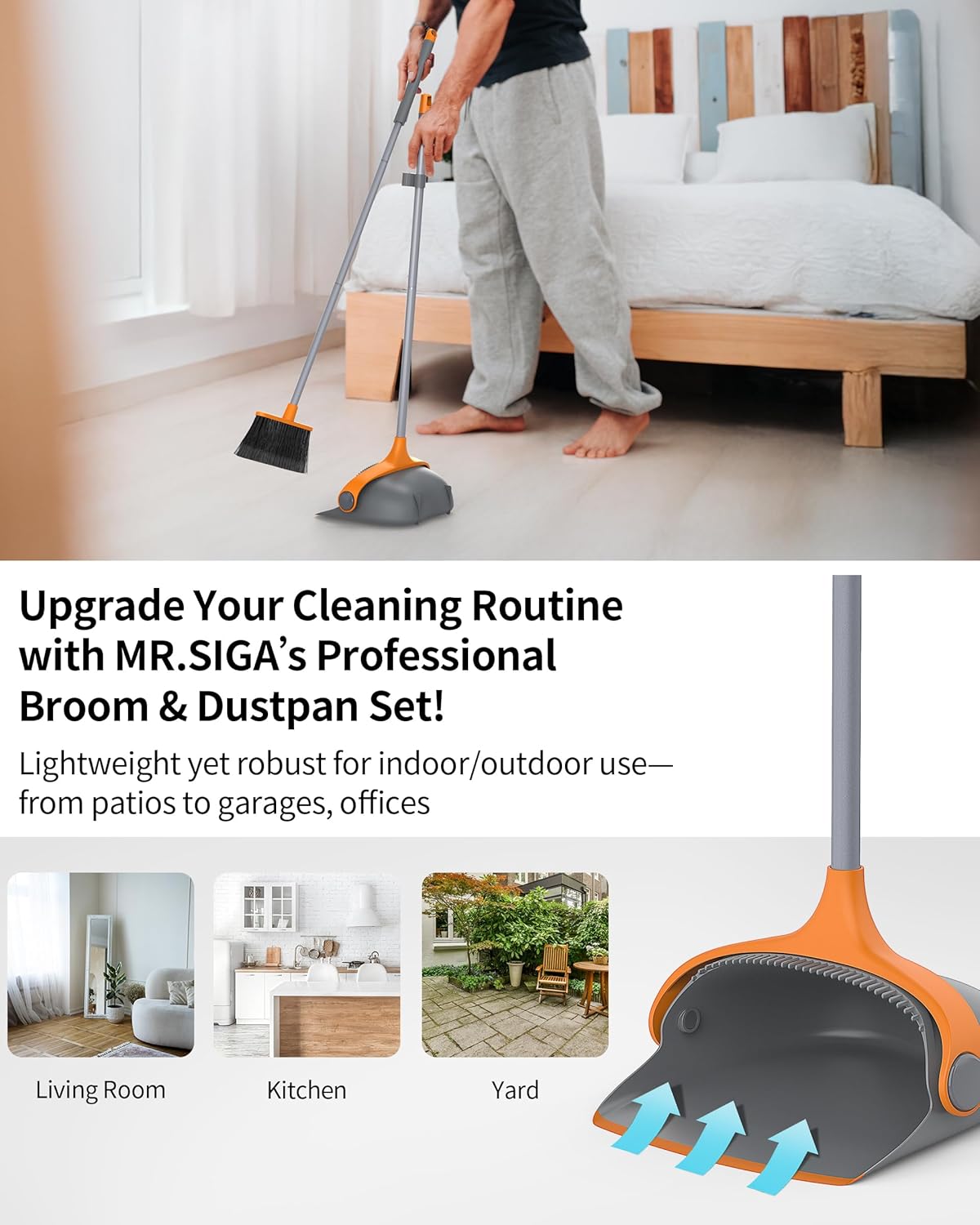 MR.SIGA Broom and Dustpan Set with Adjustable Long Handle, Upright Combo for Floor, Cleaning Lobby, Gray