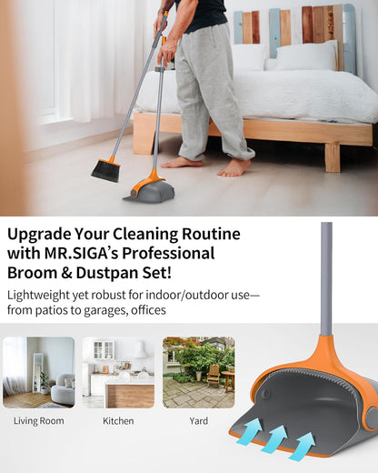 MR.SIGA Broom and Dustpan Set with Adjustable Long Handle, Upright Combo for Floor, Cleaning Lobby, Gray
